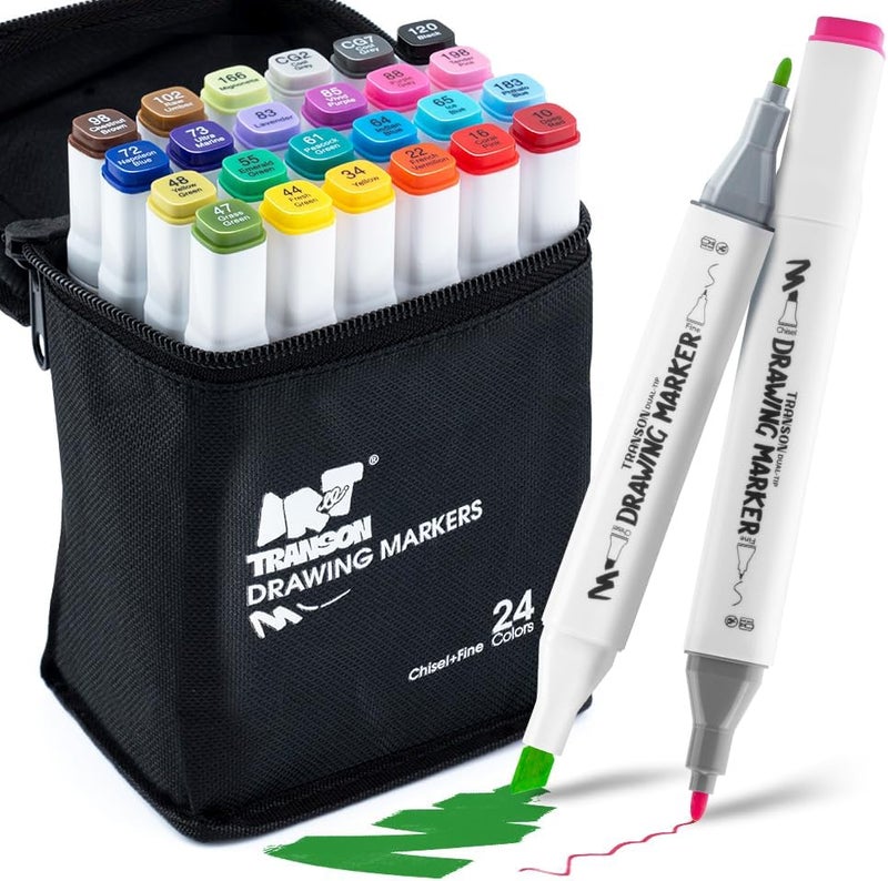 TRANSON Markers كحولية للرسم والتلوين 24 لونًا برؤوس مزدوجة رفيعة وعريضة - Image 1